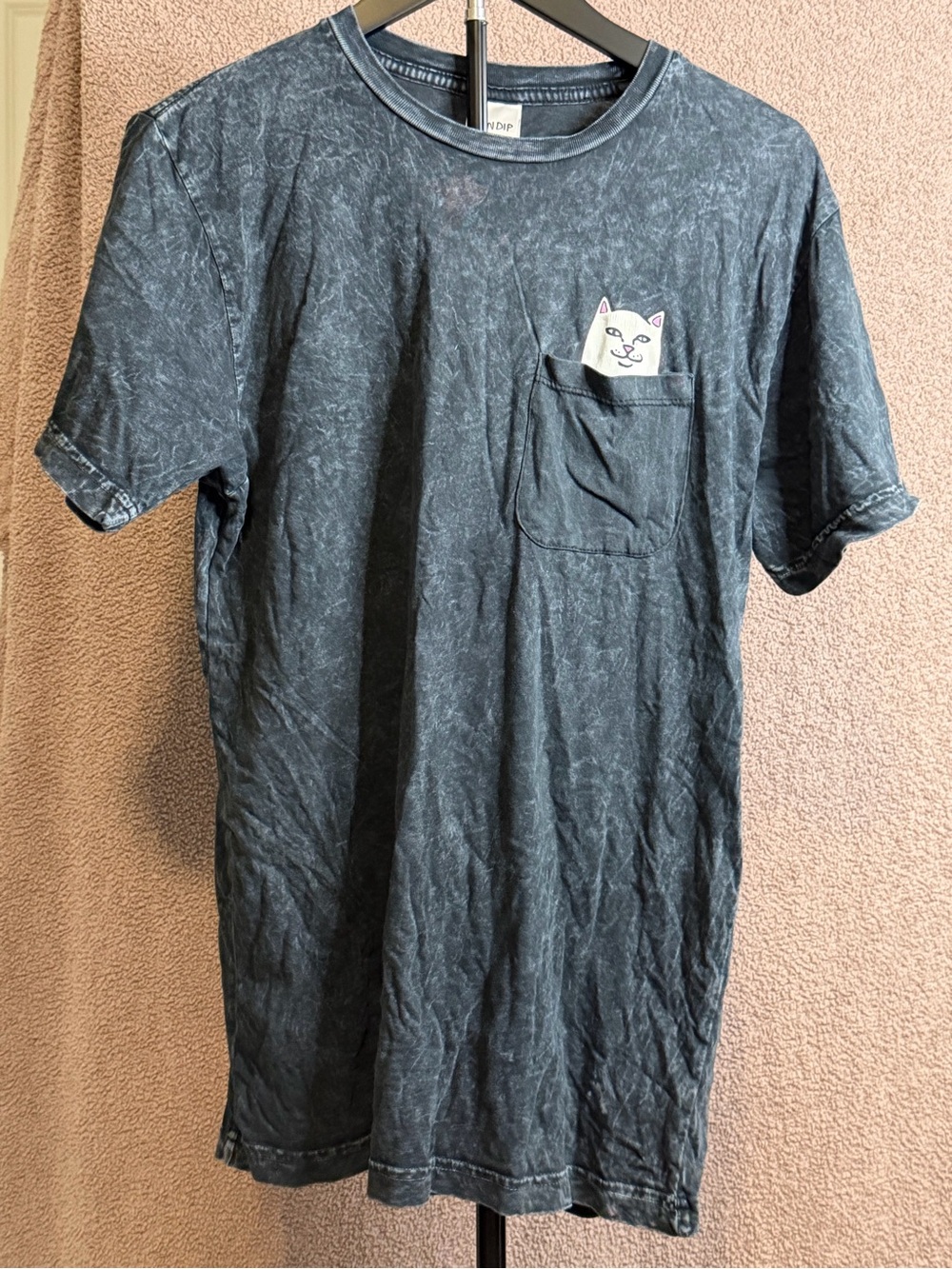 RIPNDIP Lord Nermal Pocket T-Shirt Medium Black Acid Wash Cat Graphic